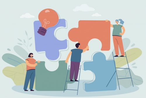 Team of tiny people connecting giant puzzle elements. Flat vector illustration. Symbol and metaphor of teamwork, cooperation, collaboration, communication, partnership. Teamwork, business concept